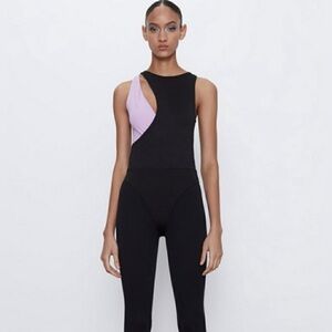 Zara purple & black color block cutout bodysuit